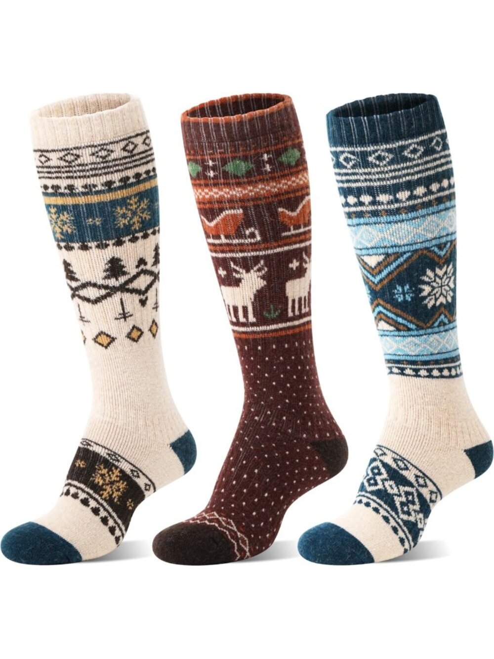 3 Pairs Thermal Merino Wool Knee High Ski Socks for Winter Sports - Warm & Thick